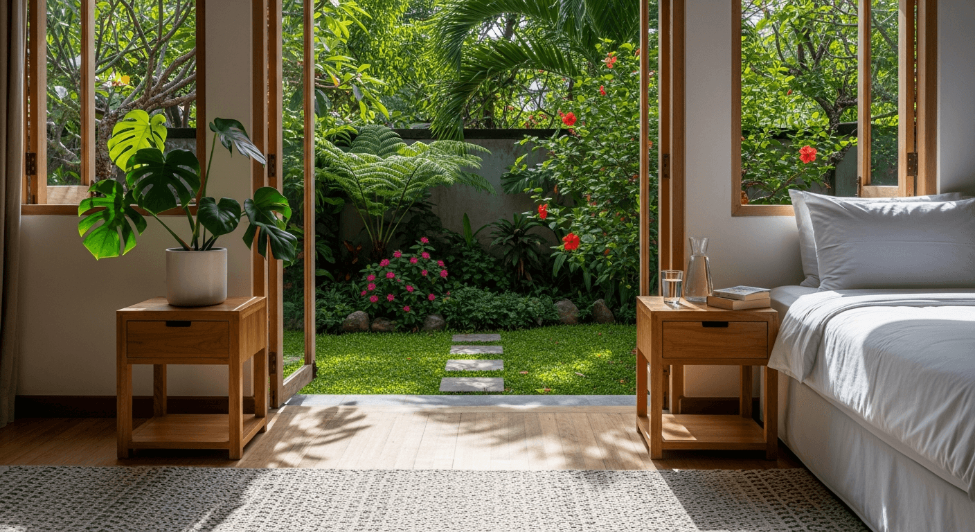 Furnished interior with crafted wood pieces