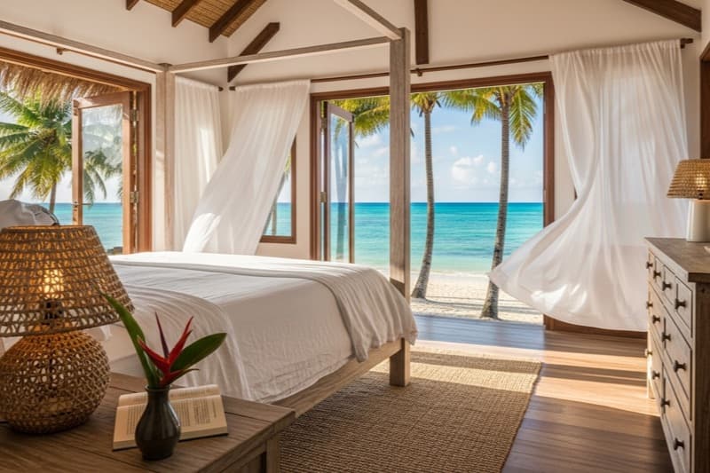 Bedroom interior with wood furnishings and storage