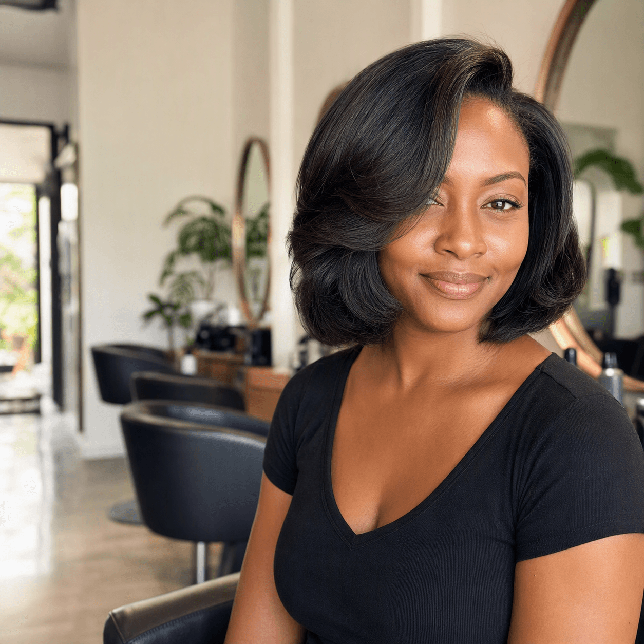 Client with a polished silk press finish at the salon
